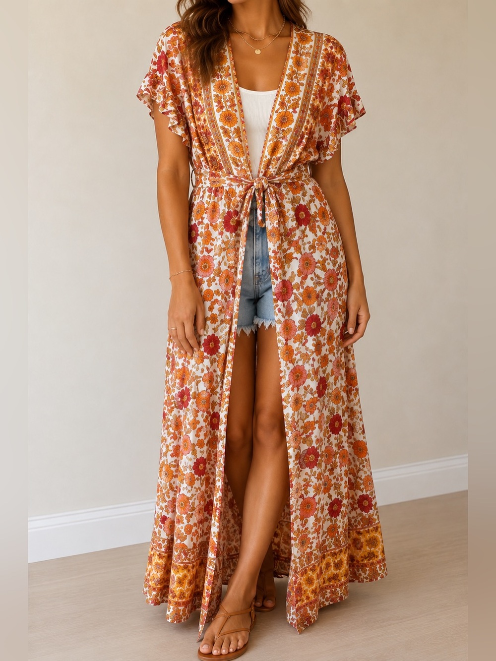 TEMOFON XL Floral Boho Maxi Dress Kimono Tie Waist NWT